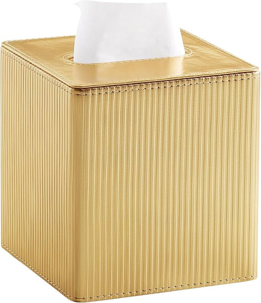 Gold Tissue Box Cover Square with Magnetic Closure, PU Leather Tissue Box Holder for Bathroom NightStands Livingroom, Decorative Modern Square Tissue Holder (Gold)