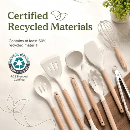 Silicone 10 Pcs Kitchen Cooking Utensils Set, Recycled Materials Certification, BPA Free Spatula Set with Heat Resistant Wood Handles for Nonstick Cookware, Cream White