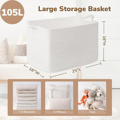 Goodpick 105L Extra Large Blanket Basket 25" x 16" x 16" Cotton Rope Storage Bins for Dirty Clothes, Rectangle Woven Baskets for Living Room Home Decor, Toy Baskets Storage Kids, White