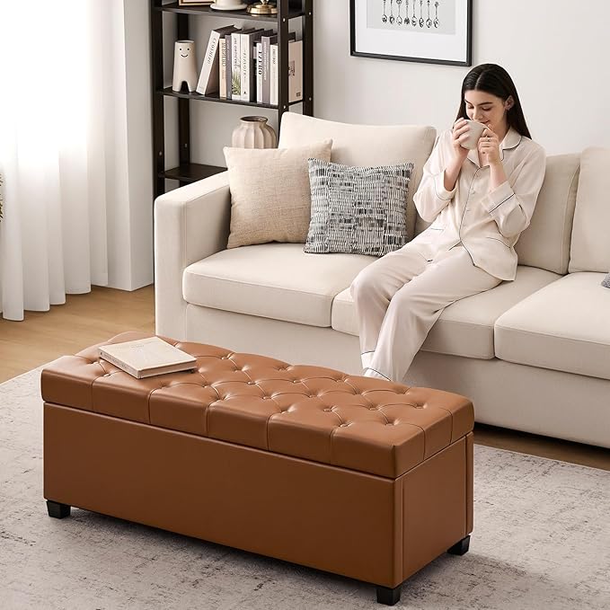 47.2" Ottoman with Storage, Storage Ottoman Bench with Safety Hinge,Tufted End of Bed Bench, Upholstered Entryway Bench for Bedroom, Living Room & Window (Brown-Upgraded Version)