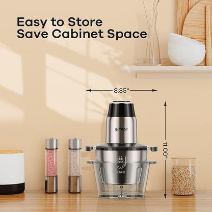 GANIZA Food Processors, Electric Food Chopper with Meat Grinder & Vegetable Chopper - 2 Bowls (8 Cup+8 Cup) with Powerful 450W Copper Motor - Includes 2 Sets of Bi-Level Blades (Silver)