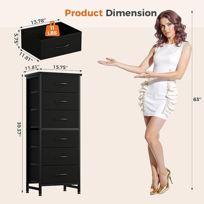Sweetcrispy Tall Fabric Dresser for Bedroom, 6 Drawer Skinny Chest of Drawers, Narrow Storage Tower with Wood Top and Metal Frame, Vertical Nightstand for Closet, Bedroom Organization Furniture, Black