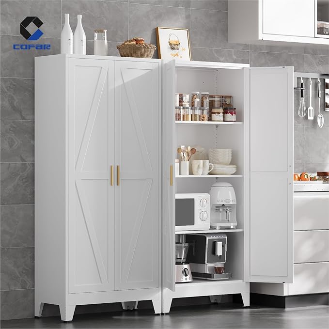 COFaR Farmhouse Kitchen Pantry Cabinet, 61 in Tall Metal Storage Cabinet with 3 Adjustable Shelves and 2 Barn Doors, Freestanding Cupboard for Garage Kitchen Office Bathroom Laundry, White 4 Tiers
