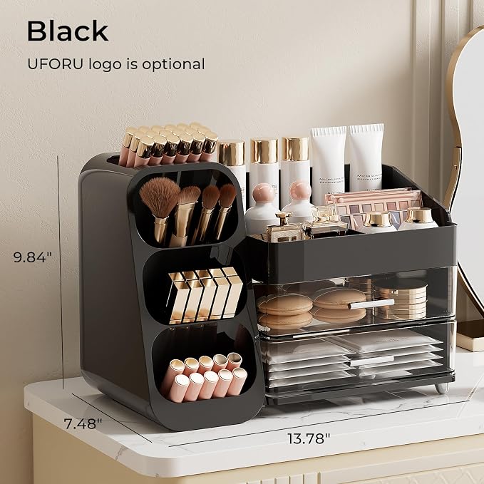 UFORU Makeup Organizer for Vanity with Brush Holder, Large Capacity Bathroom Countertop Skincare Organizer with 2 Drawers, Cosmetic Display Case for Perfumes, Eyeshadow Palettes, Nail Polishes