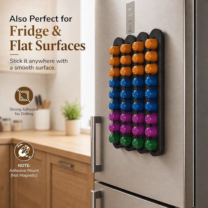 Bamboo Coffee Pod Holder, Adhesive Wall Mount (No Drilling) for Cabinet Door, 36-Capsule Storage (Set of 4) — Vertical/Horizontal — Compatible with Nespresso Original Line-Black