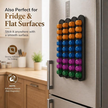 Bamboo Coffee Pod Holder, Adhesive Wall Mount (No Drilling) for Cabinet Door, 36-Capsule Storage (Set of 4) — Vertical/Horizontal — Compatible with Nespresso Original Line-Black