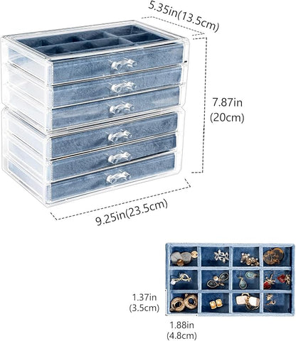 Lolalet Earring Holder Organizer Box Jewelry Storage with 6 Drawers, Clear Acrylic Stackable Earring Case with Adjustable Velvet Trays for Women on Dresser Vanity -Blue, 6 Layers