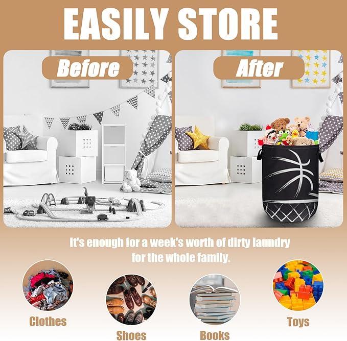Black Basketball Laundry Basket, Foldable Sport Ball Theme Laundry Hamper Tote Bag Dirty Clothes Storage Bucket Toy Organizer for Bathroom/Laundry/Bedroom 15.7"x19.6"