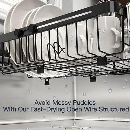 MAJALiS Dish Drying Rack Over The Sink with Utensil Holder, Mat | Expandable Stainless Steel Dish Drainer for Small Kitchen, Apartment, RV, Counter Space Saving, Perfect Fit, Rustproof