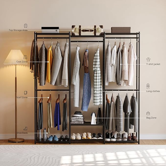 Portable Wardrobe Closet, Triple Column, Clothes Rack for Bedroom with Hanging Areas and Storage Shelves, Tall Freestanding Clothes Organizer