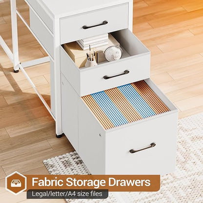 SEDETA White Computer Desk with Drawers, 64.5" Reversible Office Desk with Fabric File Drawer, Corner Computer Desk with Power Outlet & LED Strip and Storage Bookshelf