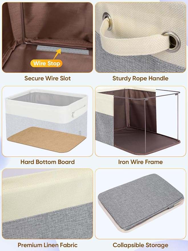 BALEINE 3 Pack Fabric Closet Storage Bins for Shelves, Linen Closet Organizers and Storage, Decorative Baskets for Organizing, Shelf, Clothes, Home, Office (Grey, 14''x10''x8.5'')