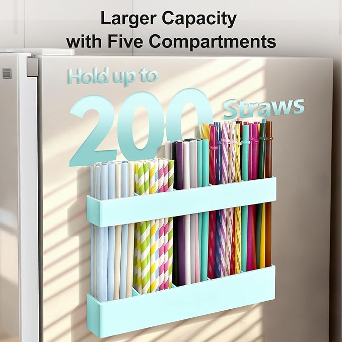 9.5” Large Acrylic Straw Holder for Cabinet Door, Reusable Adjustable Two-Part Straws Organizer with Ultra Sticky Adhesive Strips, 2026 Straw Storage for Kitchen Cupboard (Mint Blue)