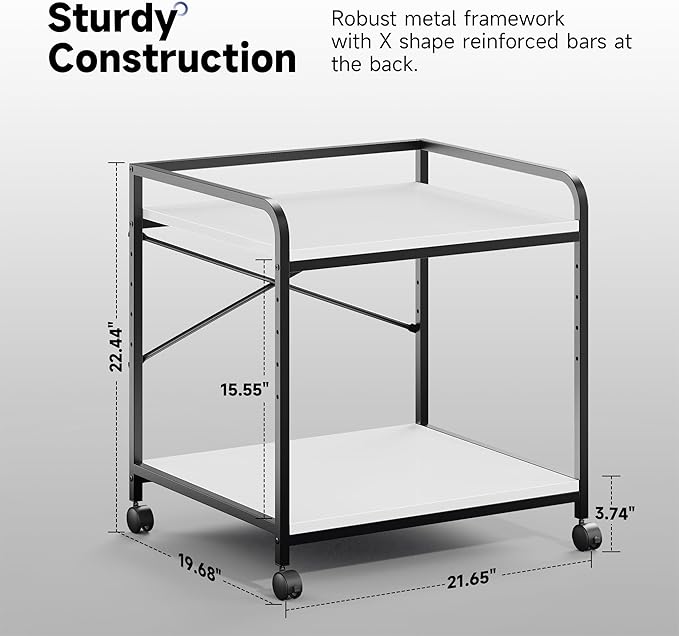 Warmiehomy 2 Tier Printer Stand with Storage, 22 Inches(55cm x 50cm) Under Desk Rolling Printer Cart with Height Adjustable Shelf, Large Printer Table for Home Office, White