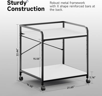 Warmiehomy 2 Tier Printer Stand with Storage, 22 Inches(55cm x 50cm) Under Desk Rolling Printer Cart with Height Adjustable Shelf, Large Printer Table for Home Office, White