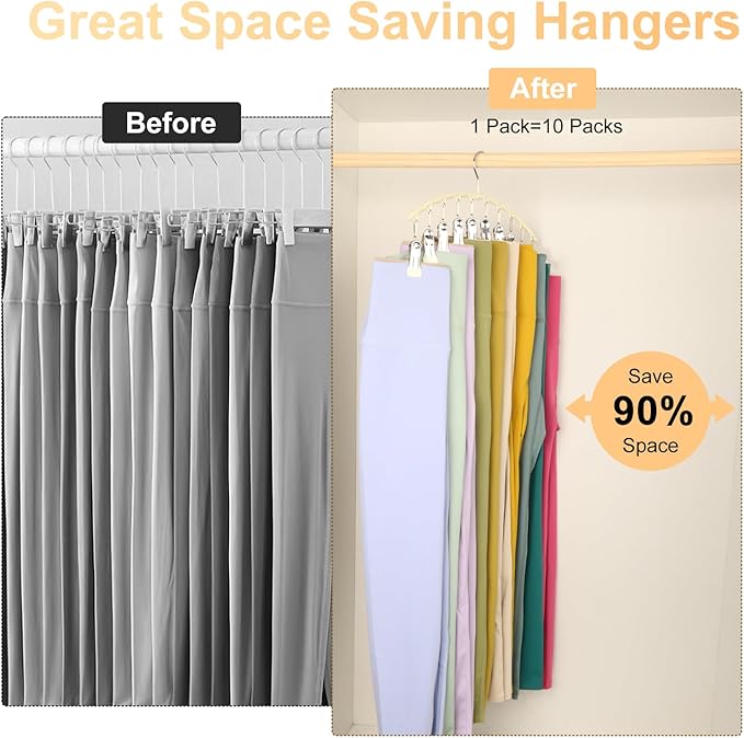 Volnamal Legging Organizer for Closet, Metal Yoga Pants Hangers 2 Pack w/10 Clips Holds 20 Leggings, Space Saving Hanging Closet Organizer w/Rubber Coated Closet Organizers and Storage, Ivory
