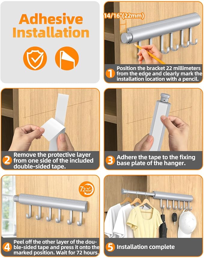 12 inch Valet Rod for Closets Pull Out, Closet Rods Extenders for Hanging Clothes Telescoping Adjustable With 6 Hooks (Silver, 12 Inch-1 Pack)
