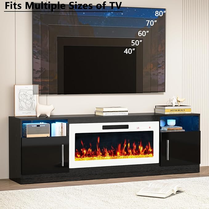 PRETZI Fireplace TV Stand with 36" Fireplace Up to 80" TVs,70" Entertainment Center with LED Lights,Remote Control,TV Media Console with Storage Cabinets for Living Room,White+Black