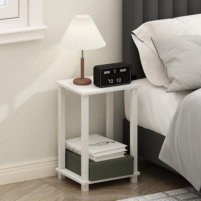 Furinno Simplistic Night Stand, 2-Tier Small Nightstand with Open Shelf, Toolless Assembly Bedside Table, End Table, Side Table, for Bedroom, Closet, Dorm, White