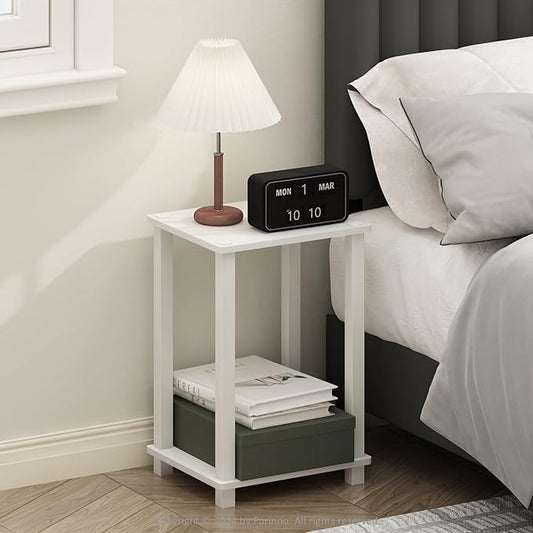 Furinno Simplistic Night Stand, 2-Tier Small Nightstand with Open Shelf, Toolless Assembly Bedside Table, End Table, Side Table, for Bedroom, Closet, Dorm, White