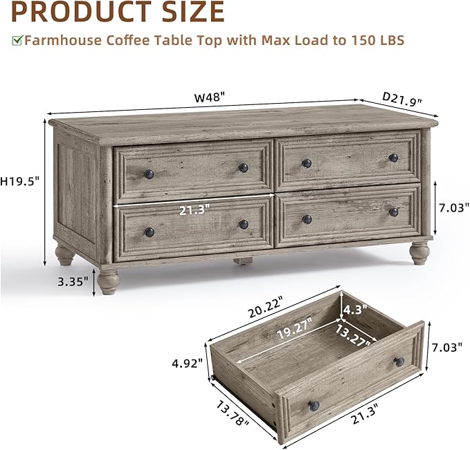 48" Farmhouse Coffee Table with Hidden Storage,Wooden Coffee Tables with 4 Drawers & Roman Column Handle,Rectangular Rustic Center Table with Solid Wood Curved Legs for Living Room,Office,Grey