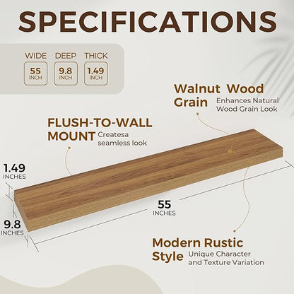 Dreamland 55 Inches Floating Shelves for Wall, 9.8" Deep Long Floating Shelves Set of 2, Large Display & Storage Shelf, Wall Shelf for Bathroom Bedroom Living Room Kitchen Office, Walnut
