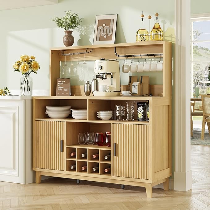 Fluted Buffet Cabinet with Storage, Modern Coffee Bar Cabinet with Outlet, Removable Wine Rack, Multi-Functional Accent Liquor Cabinet for Living Room, Entryway, Kitchen, Natural