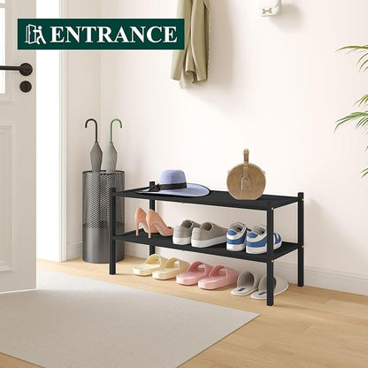 Smiry Bamboo Shoe Rack, 2 Tier Shoe Organizer for Entryway & Closet, Stackable Free Standing Storage Shelf for Shoes, Bags & Plants, Black