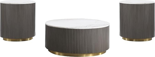 Coaster Home Furnishings - Jason - Wood and Metal - 3-Piece Coffee Table Set with Marble Tops, Reeded Drum Bases, and Gold Ring Accents - Living Room - Charcoal and White Marble - 710418-S3