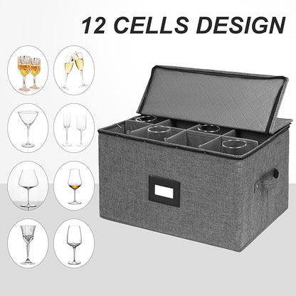Wine Glass Storage Box with Dividers 2 Pack, Hard Top Stemware Storage Containers, Stackable Crystal Storage Containers for 24 Glassware Drinkware, with Handles for Moving/Home, 17"x13"x10" Black