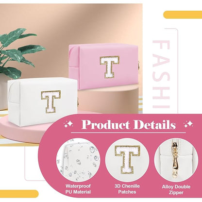 Small Personalized Initial A-Z Preppy Patch Makeup Bag,White PU Chenille Letter Travel Cosmetic Pouch with Zipper,Cute Toiletry Bag,Gift Ideal for Teen Girls Women Teacher Bridesmaid,Letter T