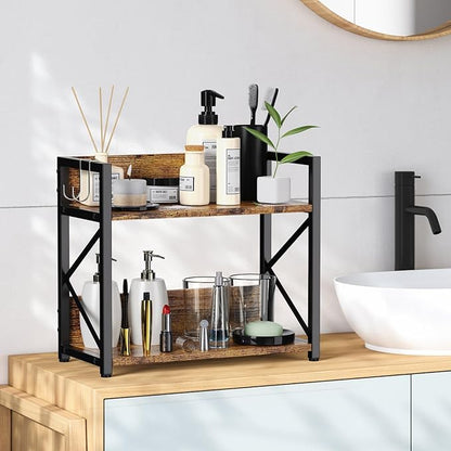 Spice-Rack-Organizer-Shelf for Kitchen Counter, 2 Tiers Coffee Bar Station Organizer for Countertop，Space Saving Desk Shelving Riser Unit (Rustic Brown, Small)