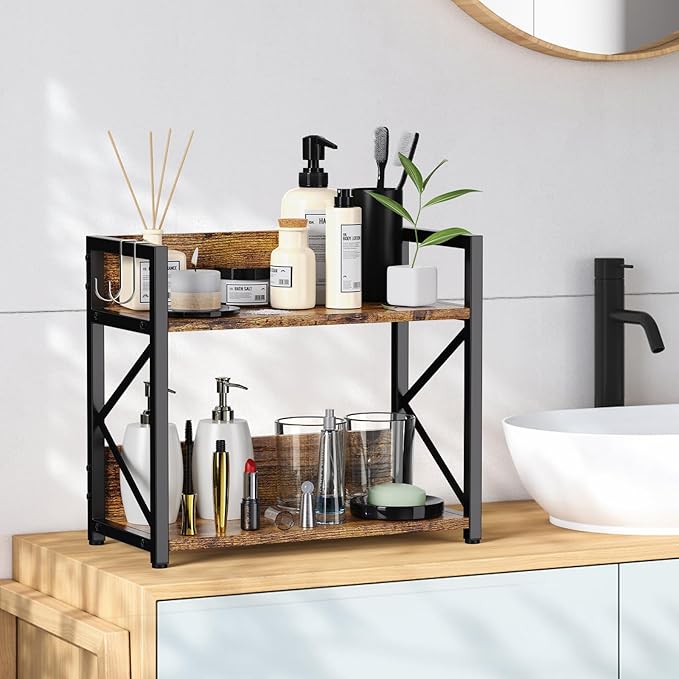 RUILALIFE 2 Tier Kitchen Counter Shelf Organizer, Coffee Bar Station Organizer for Countertop，Space Saving Spice Rack, Desk Shelf Riser, Coffee Bar Accessories(Rustic Brown, Medium)