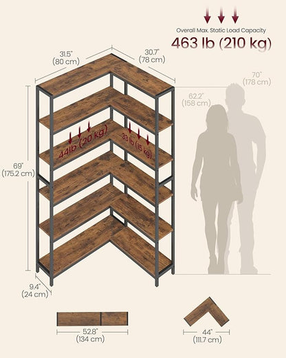 VASAGLE 6 Tier Bookshelf with Metal Frame, Convertible Industrial Corner Shelf, 9.4 x 52.8 x 69 Inches, for Living Room, Bedroom, Home Office, Rustic Brown and Ink Black ULLS806K01