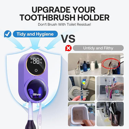 Bitvae Tooth Brush Holder for Bathroom, Infrared Sensing Toothbrush Cleaner, Wall-Mounted for Any Size Toothbrushes, Air Drying, LED Smart Screen, Purple