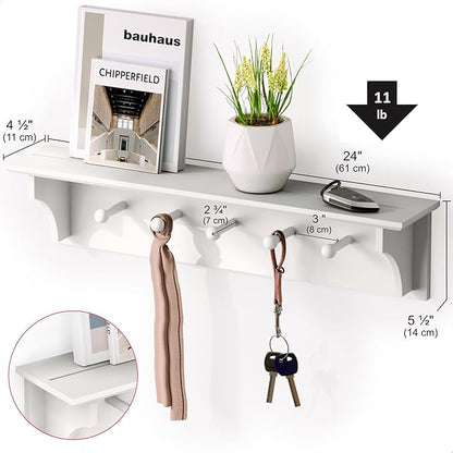 Ballucci Floating Coat and Hat Wall Shelf Rack, 5 Pegs Hook, 24", White