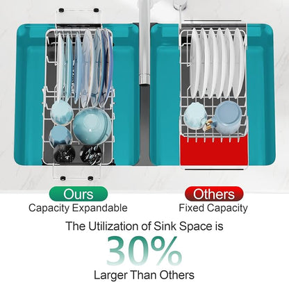 GSlife Small Sink Dish Drying Rack with Silicone Drying Mat - 9" W Expandable Stainless Steel Compact Dish Drainer with Lock Knob for RV, Apartment, Camper, Kitchen, 11.9"-16.7" L, Silver