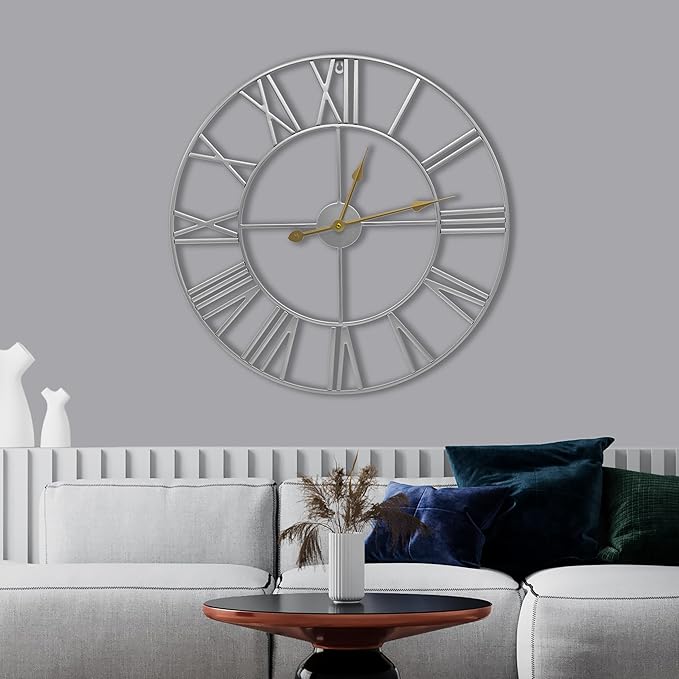 Sorbus Large Wall Clock for Living Room Decor - 24 inch Big Wall Clock Decorative - Battery Operated - Roman Numeral Analog Large Clock for Bedroom, Room, Home, Kitchen, Office, Wall Decor (Silver)