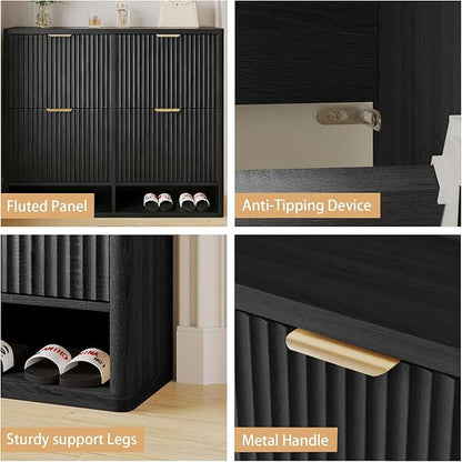 Shoe Storage Cabinet for Entryway with 4 Flip Drawers, 47.2" Large Modern Freestanding Shoe Organizer with Fluted Doors & Hidden Shoe Rack - Slim Enclosed Shoe Rack for Hallway (Black)