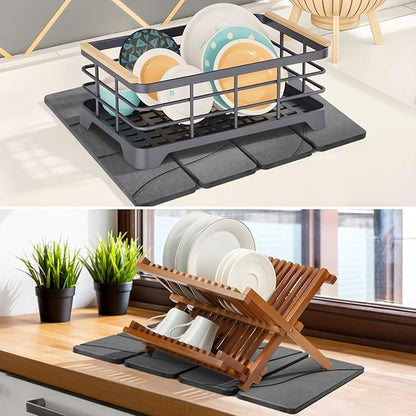 Small Stone Dish Drying Mat for Kitchen Counter, 2 PCS 16"×12" & 8"x4" Quick Dry Stone Mats, Foldable Water Absorbing Diatomite Drying Dish Pad for Countertop Bottles Utensils Cups(Carved Gray)