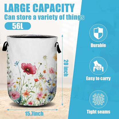 Watercolor Wildflowers Laundry Basket, Floral Laundry Hamper Collapsible Oxford Cloth with Handle Clothes Toy Storage Bin for Bathroom Laundry Room Bedroom 15.7 X 20 Inch