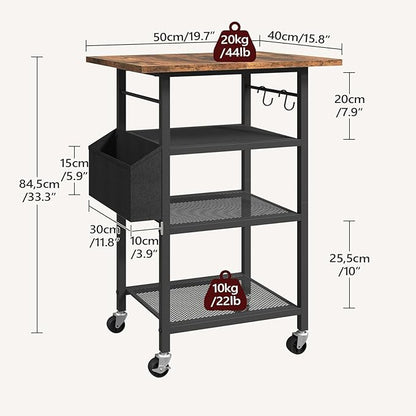 MAHANCRIS 4-Tier Printer Stand, Rolling Printer Table on Wheels, Industrial Storage Stand with Side Pocket, Wooden Tabletop, 2 S-Shaped Hooks, for Home Office, Rustic Brown and Black PTHR2601
