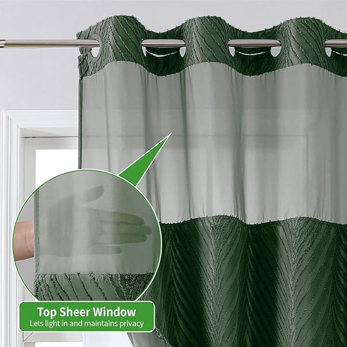 No Hook Shower Curtain and Liner Set,No Hook Tufted Striped Textured Shower Curtain with Snap in Liner Replacement and Waterproof Fabric,Boho Style with See Through Top Window,DarkGreen,71Wx80H