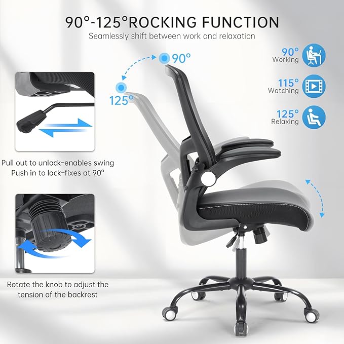 Ergonomic Office Chair, Mid Back Breathable Mesh Desk Computer Swivel Chair with Adjustable Lumbar Support,Flip up Arms,PU Leather Cushion for Home Office, Black