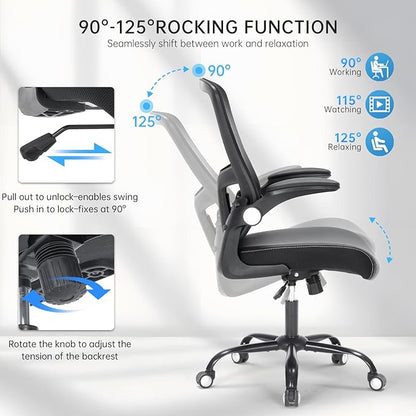 Ergonomic Office Chair, Mid Back Breathable Mesh Desk Computer Swivel Chair with Adjustable Lumbar Support,Flip up Arms,PU Leather Cushion for Home Office, Black