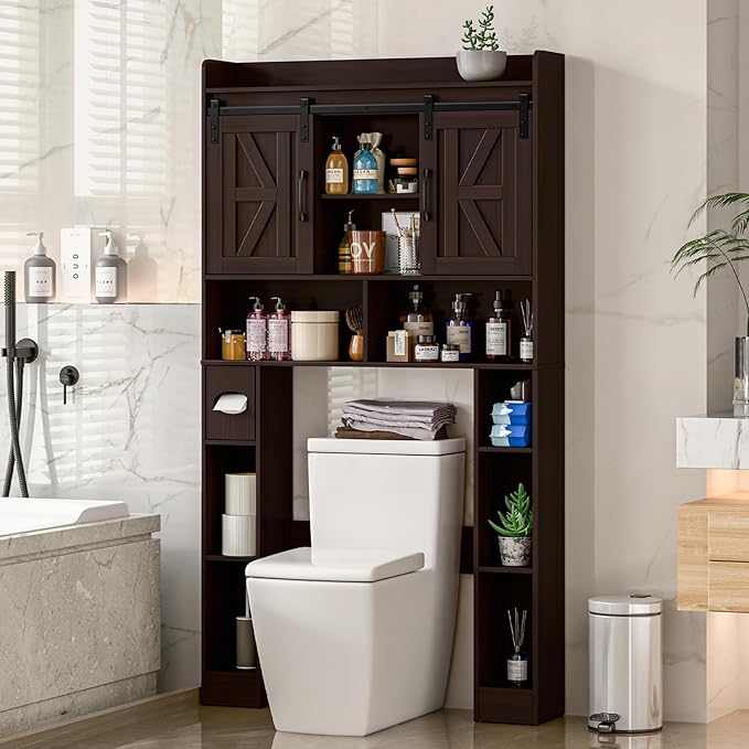 Over The Toilet Storage Cabinet, Farmhouse Toilet Cabinet Rack with Barn Doors, Space Saving Bathroom Organizer with Shelves, Toilet Paper Holder and Towel Rack for Bathroom,Restroom,Laundry,Walnut