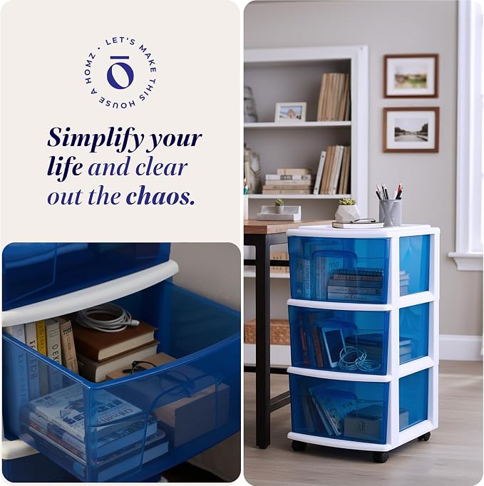 HOMZ 3-Drawer Storage Cart, Plastic Home & Office Organizer, Blue w/ White Frame