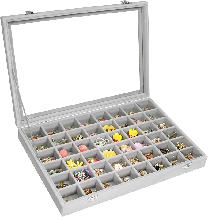 Vicoter Velvet Jewelry Tray 48 Compartments Jewelry Display Organizer with Transparent Cover Rings, Earrings, Necklaces, Pendants Storage Box for Girls, Wives, Mothers, Women