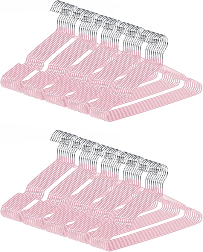 Ultra-Thin Metal Hangers, 100 Pack Non-Slip PVC Coated Space Saving Clothes Hangers for Closet, 16 inch Wide for Suits, Dresses, Jackets（Pink）