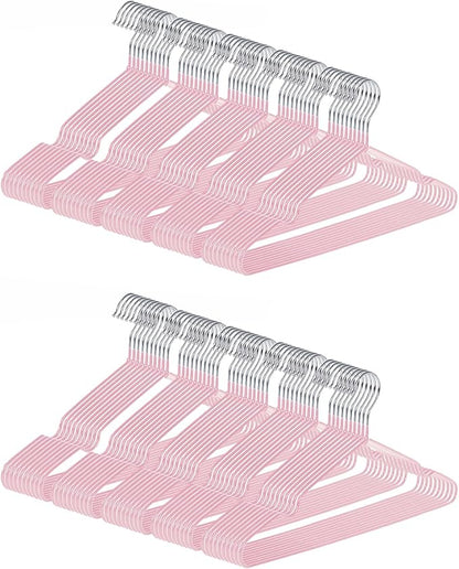Ultra-Thin Metal Hangers, 100 Pack Non-Slip PVC Coated Space Saving Clothes Hangers for Closet, 16 inch Wide for Suits, Dresses, Jackets（Pink）